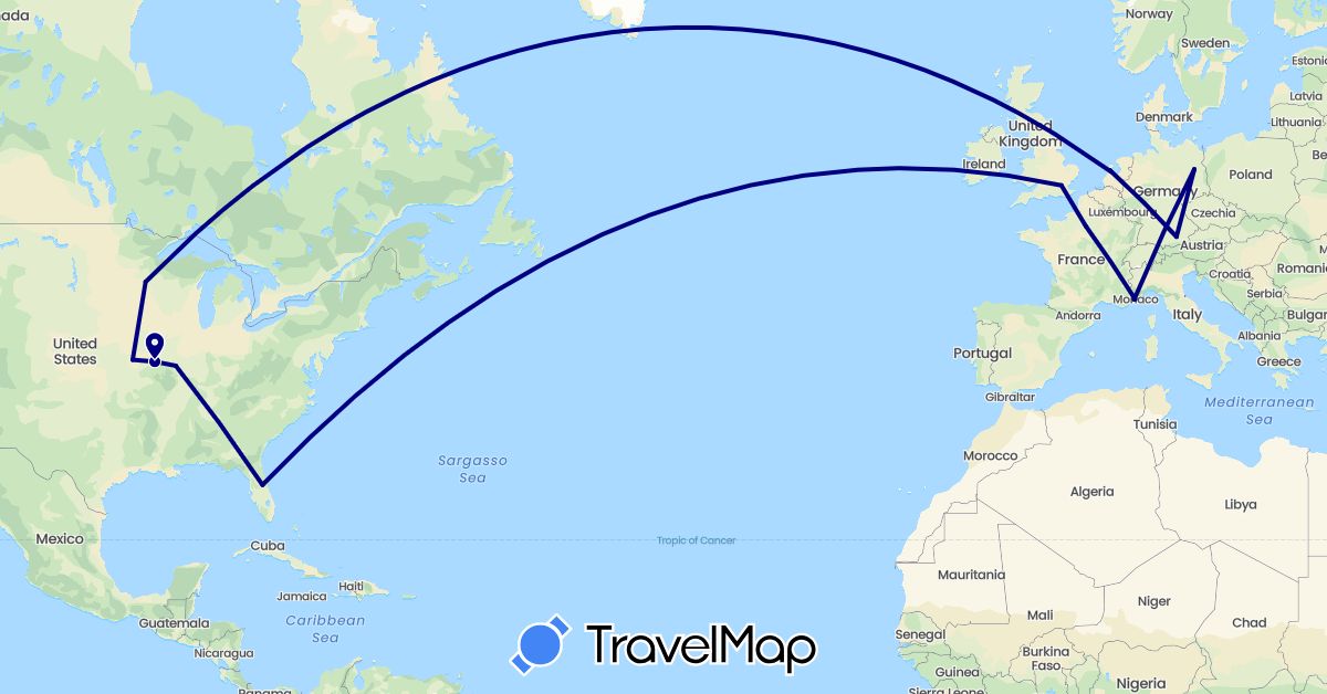 TravelMap itinerary: driving in Germany, France, United Kingdom, Netherlands, United States (Europe, North America)